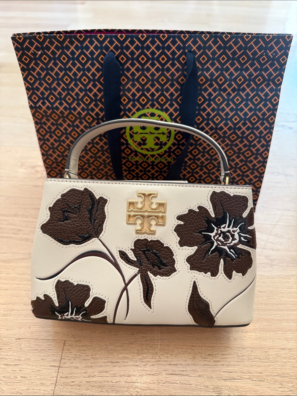 Tory Burch Cream Leather Floral Appliqué Top-Handle Satchel